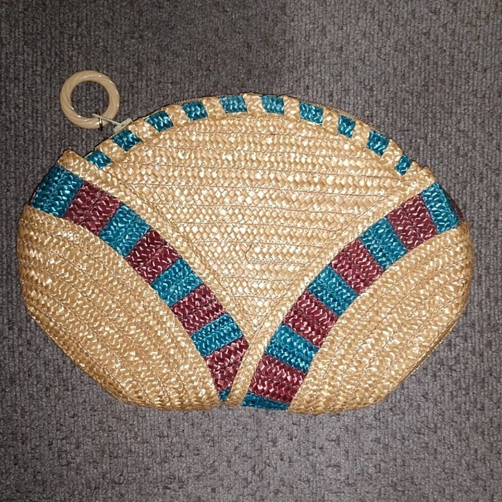 Barbara Bolan Too Blue Brown Straw Clutch Purse